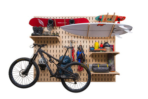 Wood Retail Display POP Store Fixture Surfboard Snowboard Bike Rack with Shelves and Hooks